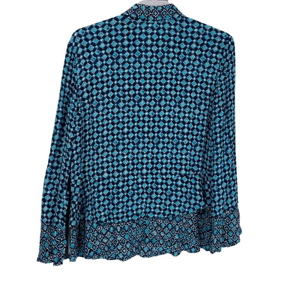 💎 Habitat Blue Geometric Print Blouse Artsy Flounce Sleeve M 💎 - Picture 6 of 6